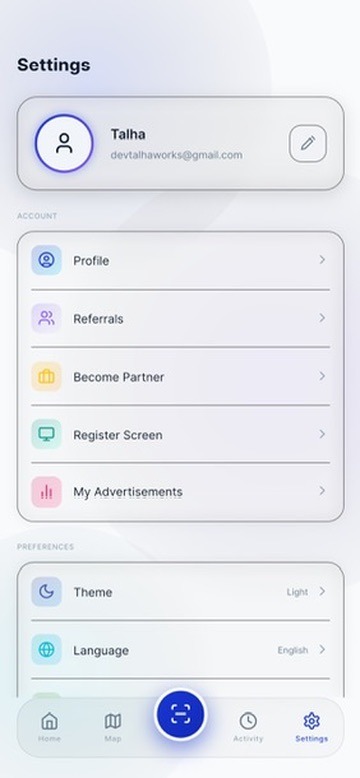 AVRIO settings with Become Partner and Register Screen options