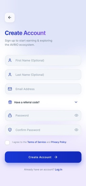 AVRIO create-account onboarding screen